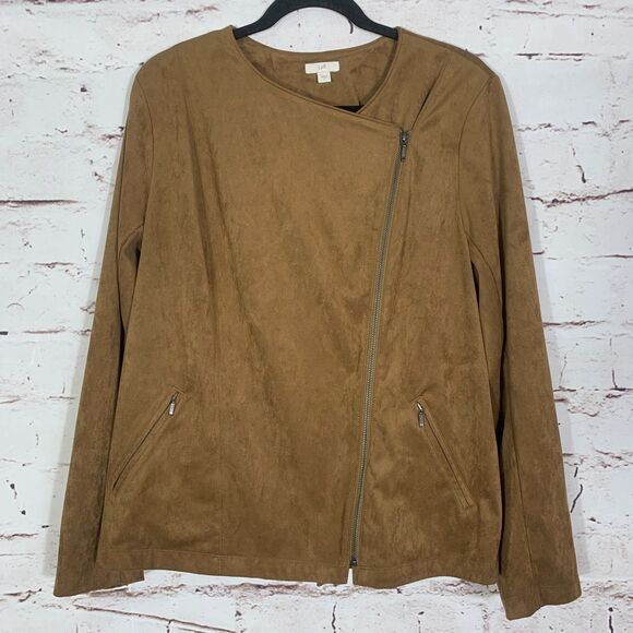 J. Jill Faux Suede Asymmetric Moto Jacket Size Large Camel Brown Chic Layering - Picture 1 of 7